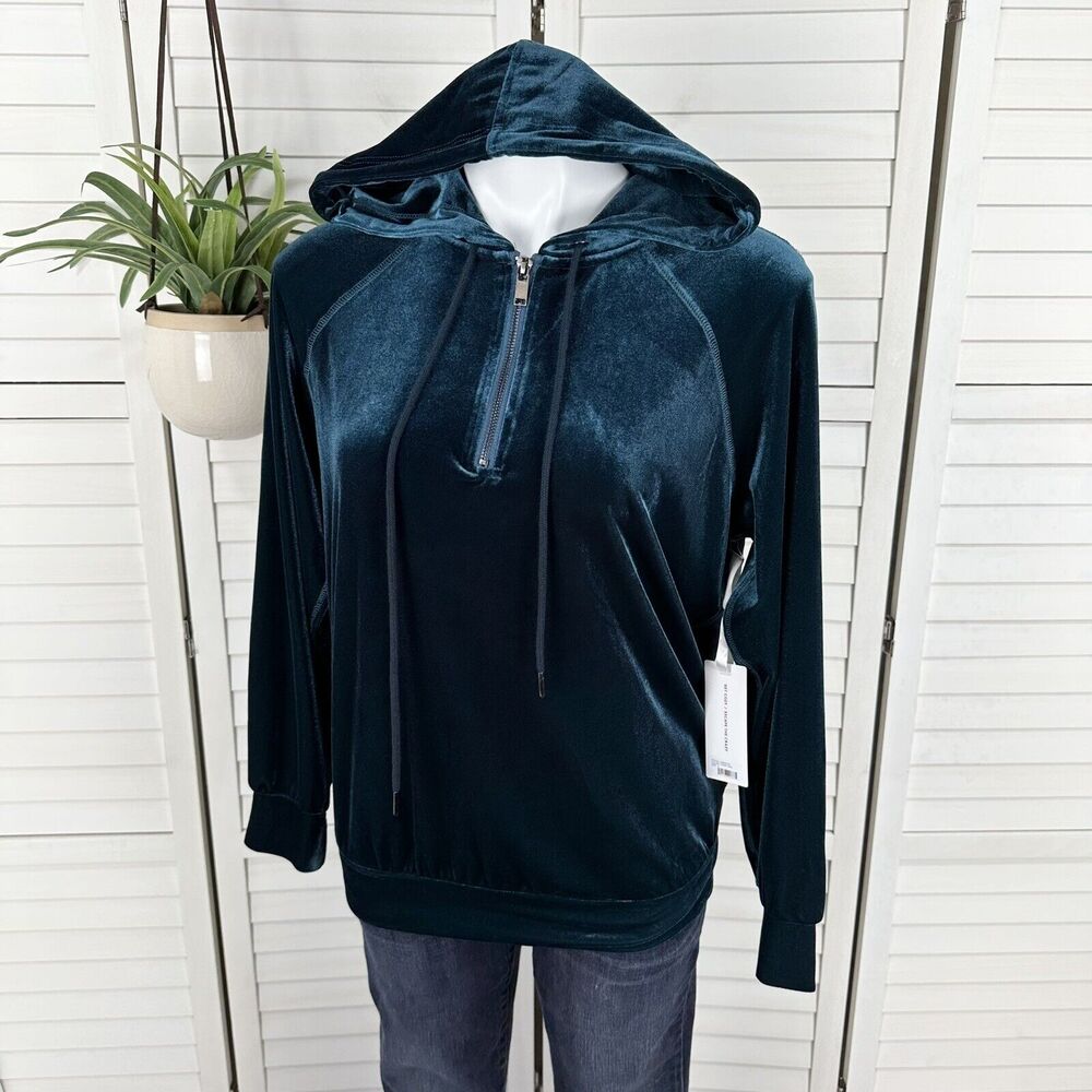 New Liverpool LA Velvet Hooded Raglan Sleeve Half Zip‎ Sweatshirt Teal Size S